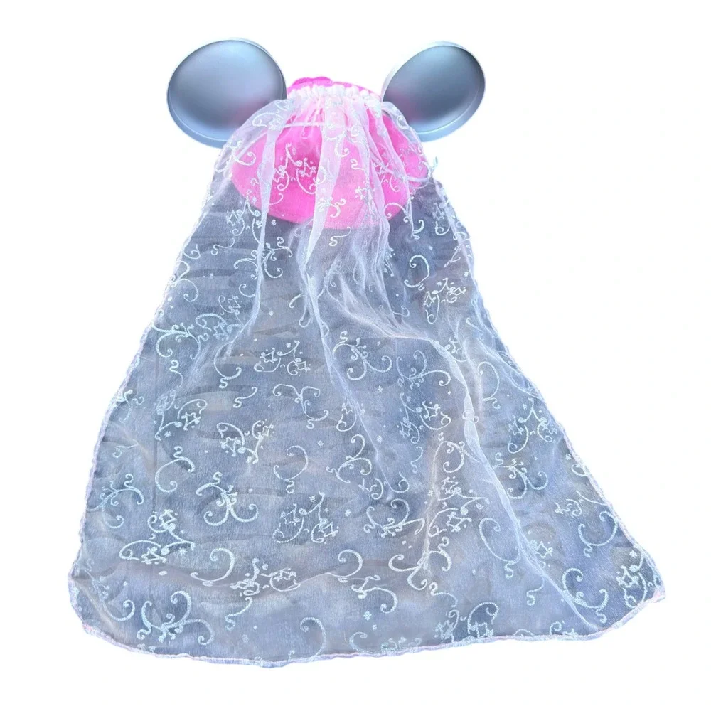 Disney Princess Mickey Ear Hat Girls One Size Pink Tiara Veil Rhinestone Costume